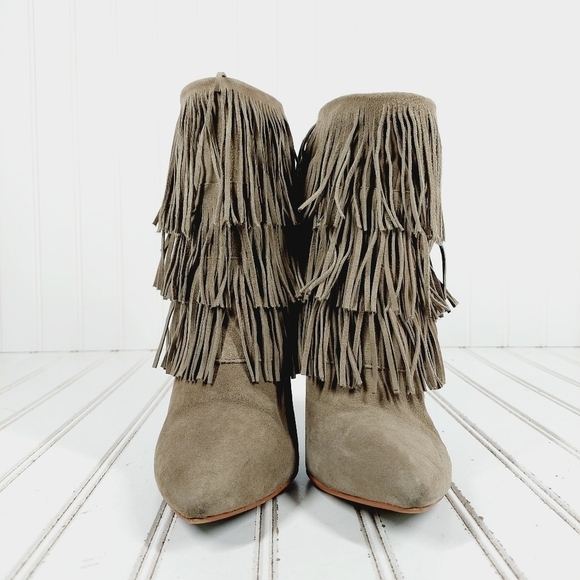 Chinese Laundry Kristin Cavallari Charm Fringe Taupe Brown Suede Bootie K308 - Picture 3 of 14